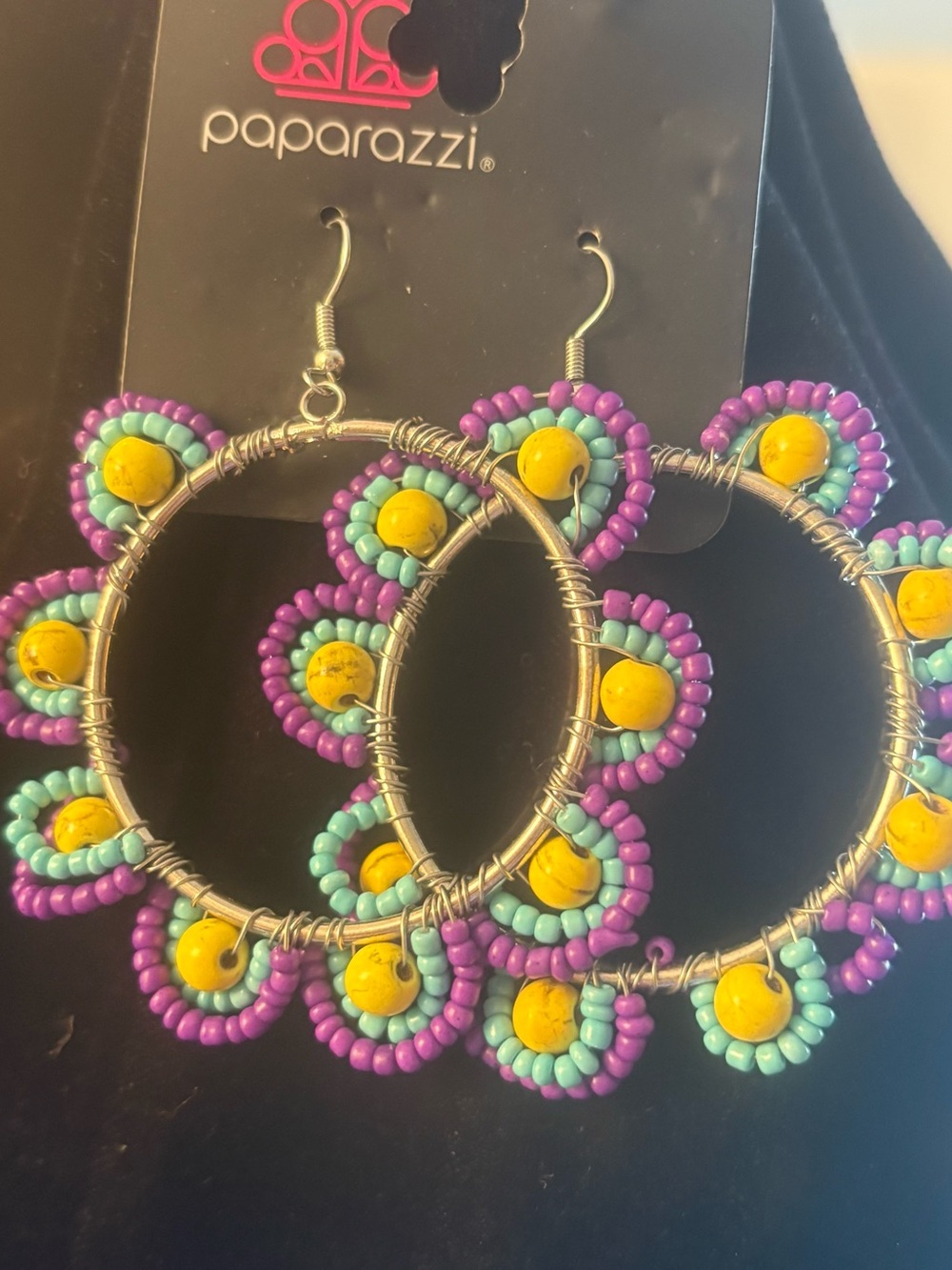 Paparazzi Purple Turquoise Yellow Beaded Hoop Earrings